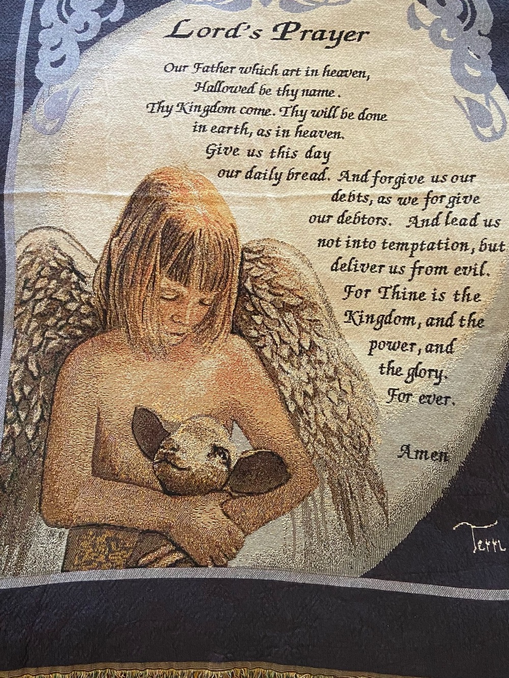 Terri Oatman Lord’s Prayer Angel Lamb Woven Tapestry Throw Blanket Religious